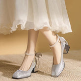 Frühling Bling Mary Janes String Bead Schuhe Frauen Bogen Mid Heels Schuhe 2024 Pumpen Neue Mujer Hochzeit Mode Elegante Zapatos Flach